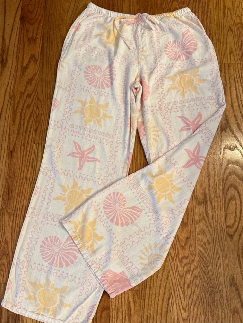 Angel Kiss White Wide Leg Pants with Pink & Yellow Seashells